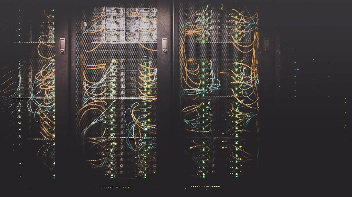 Server room with rows of running machines